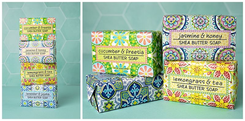 colorful herbal soap on a turquoise tile background