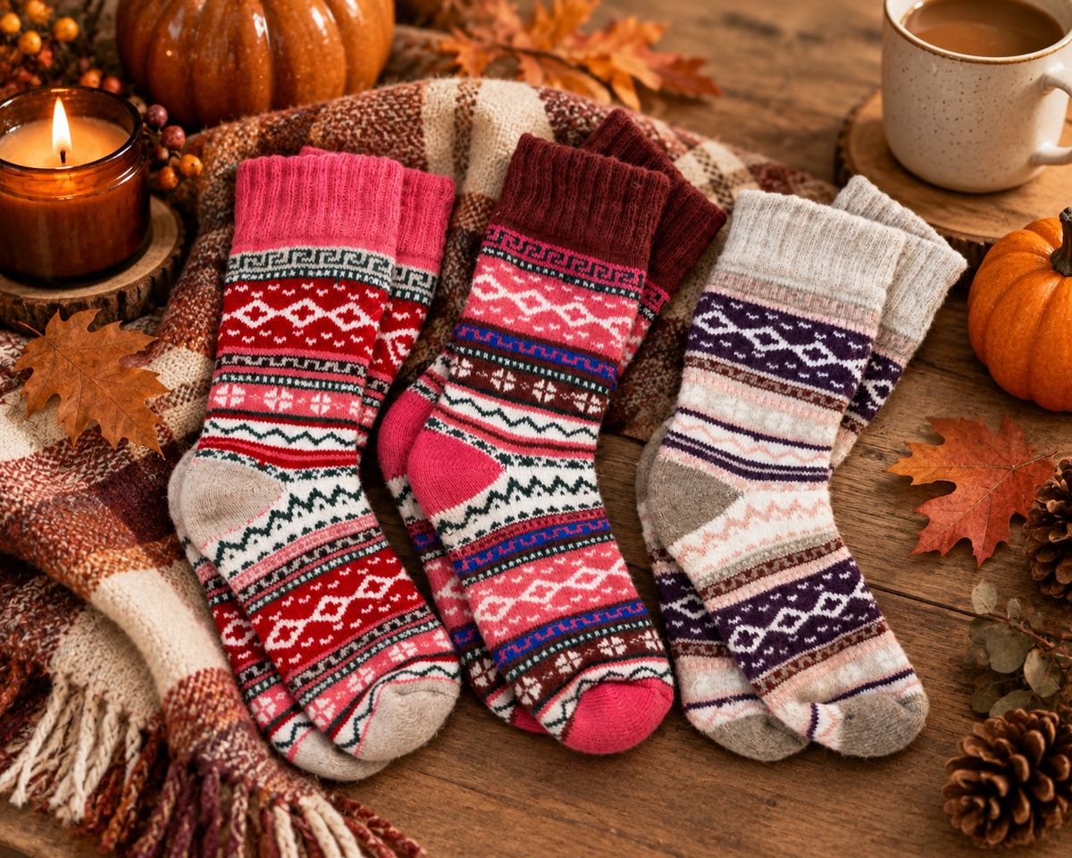 a set of winter socks in a fall scene for product photography