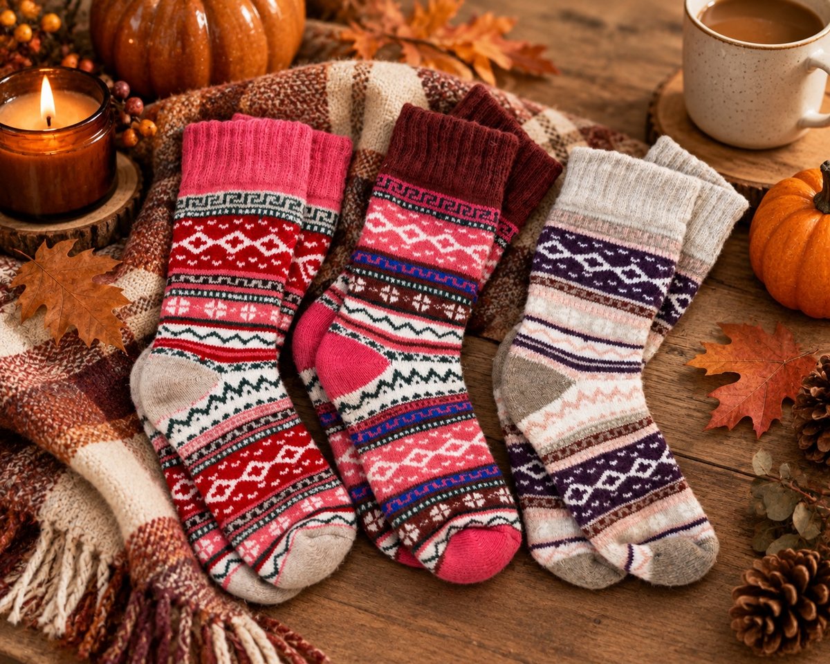 a set of winter socks in a fall scene for product photography