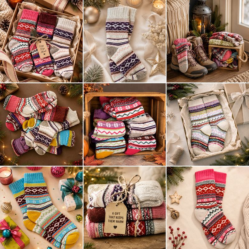 a collage of winter sock product photography images 