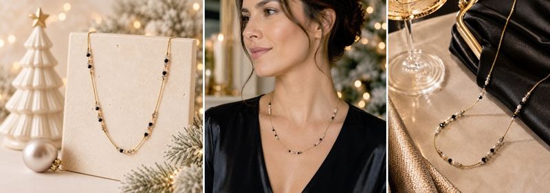 Necklaces in holiday scenes for product photography.