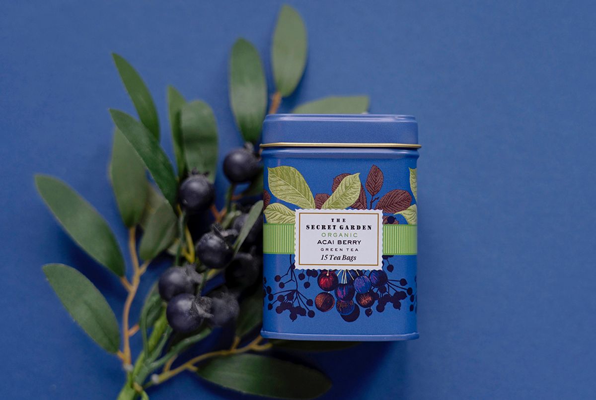 blue tea tin on a blue background