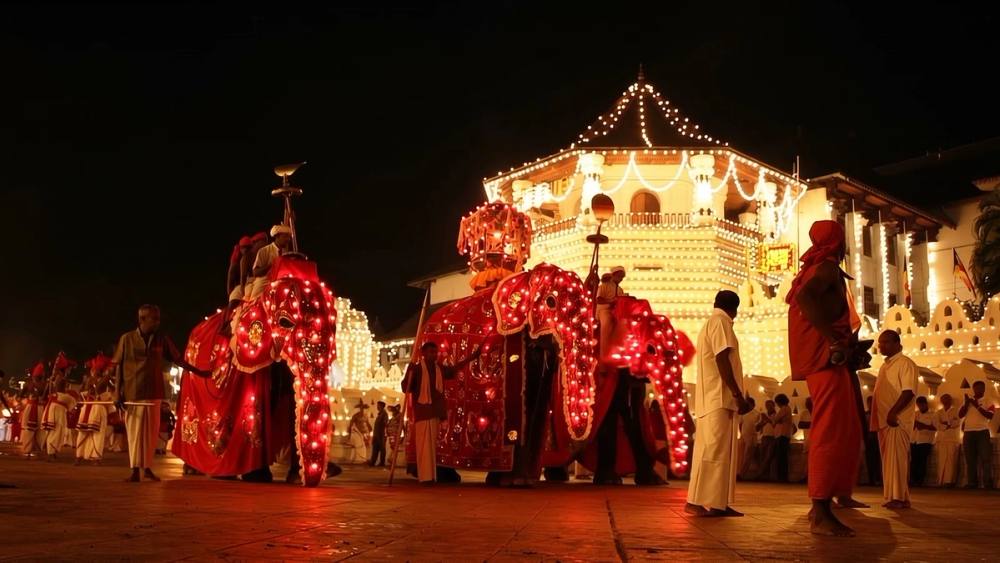 Costumed elephants in procession outside the Temple of the Tooth at night