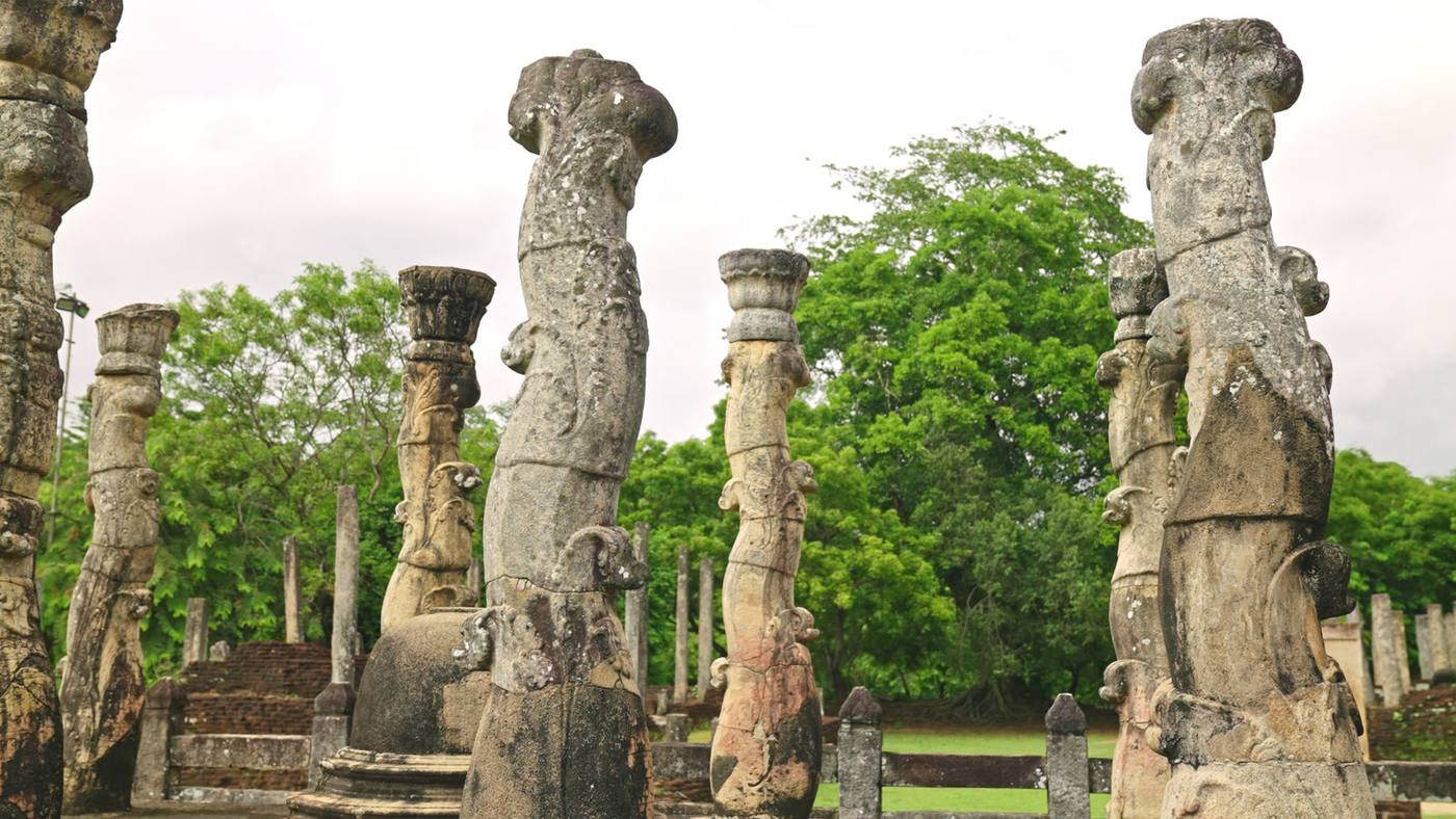 The carved lotus-stalk pillars of the Nissanka Latha Mandapaya, Polonnaruwa