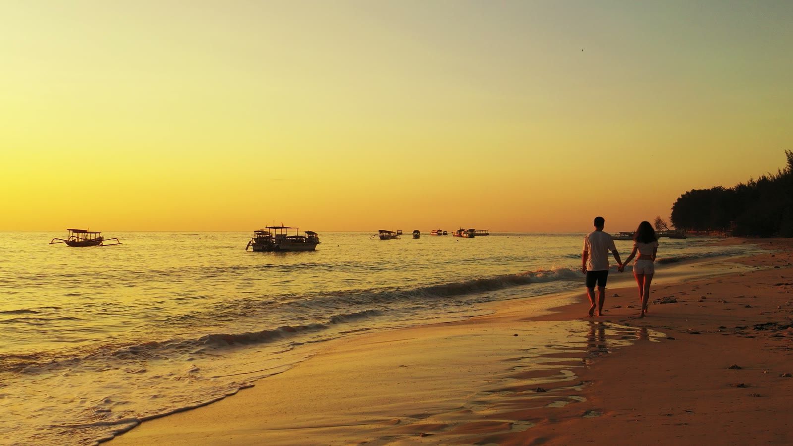 A couple walking hand in hand along the shore at sunset