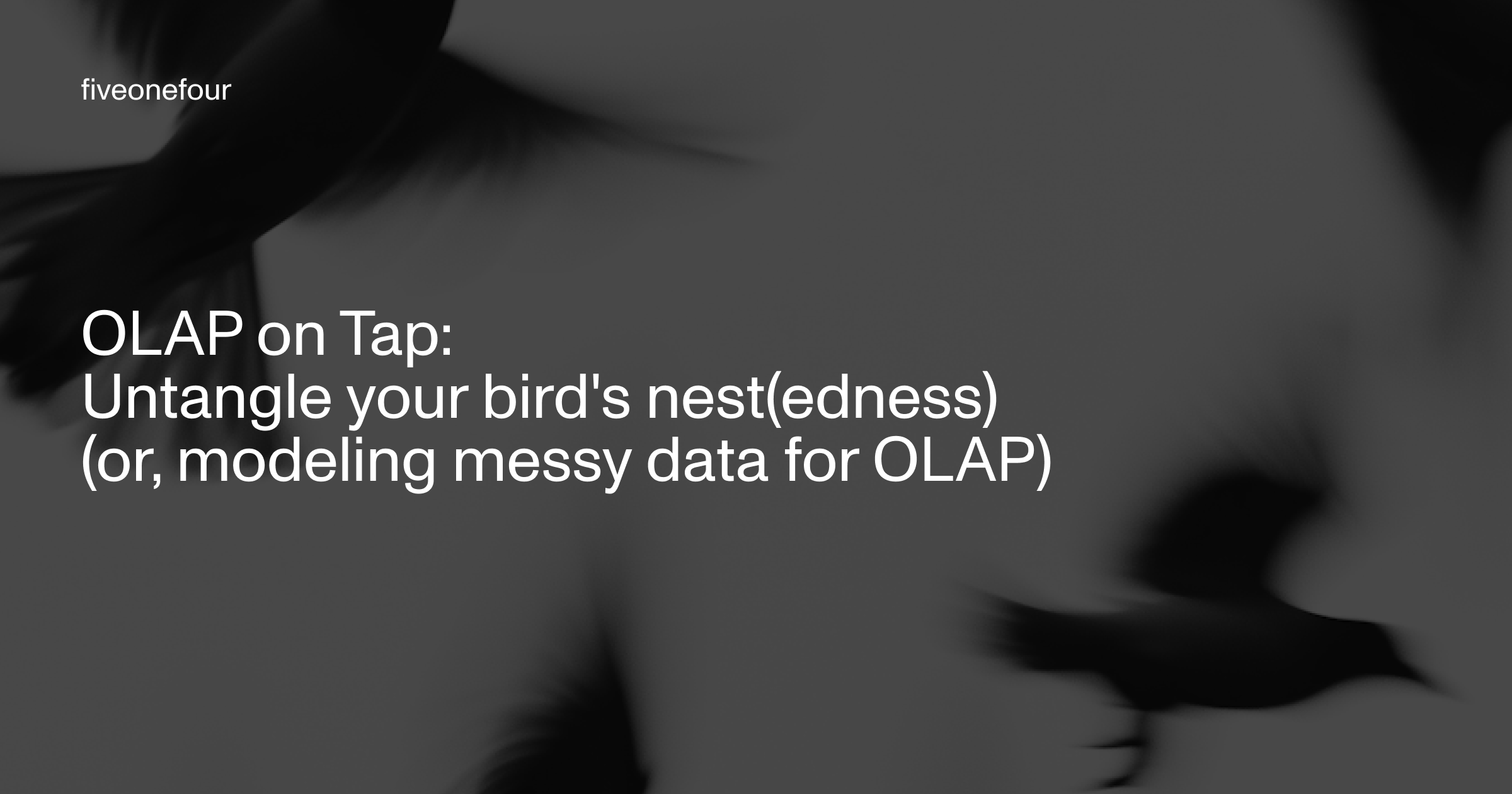 Birds flying in black and white with title written on top: OLAP On Tap:  Untangle your bird's nest(edness)  (or, modeling messy data for OLAP)