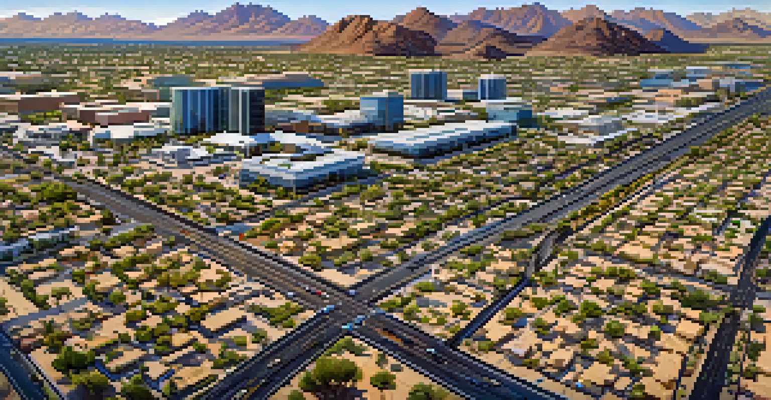 Aerial view of Scottsdale, showcasing urban buildings alongside desert landscapes under a clear sky.