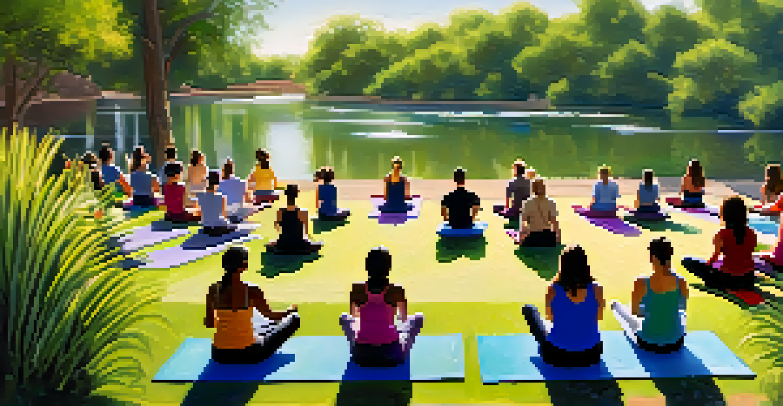 Participants practicing yoga in a tranquil outdoor setting with greenery and a lake, creating a peaceful atmosphere at the yoga festival.