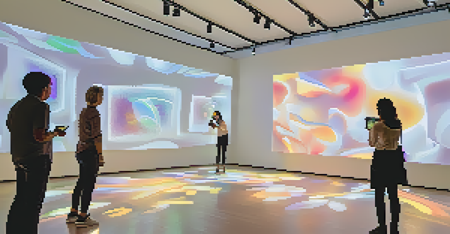 An interactive art installation in a gallery where visitors engage with augmented reality projections of abstract art.