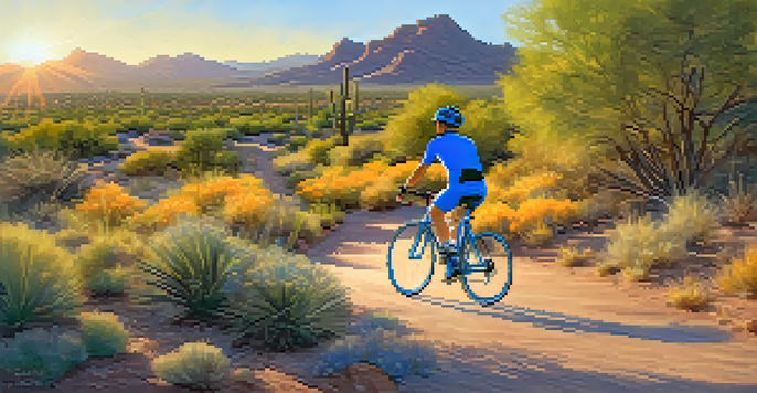 A cyclist on a blue bike riding through a scenic desert path with colorful flowers and a sunset.