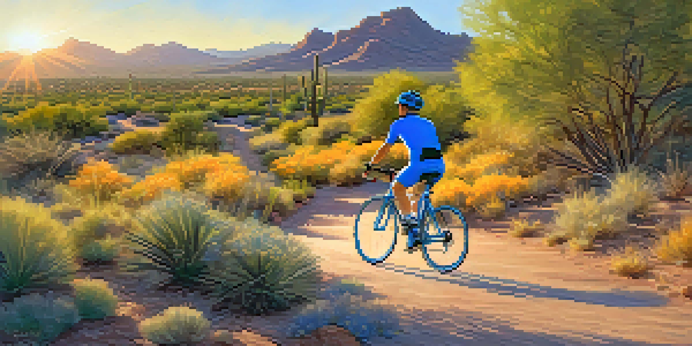 A cyclist on a blue bike riding through a scenic desert path with colorful flowers and a sunset.