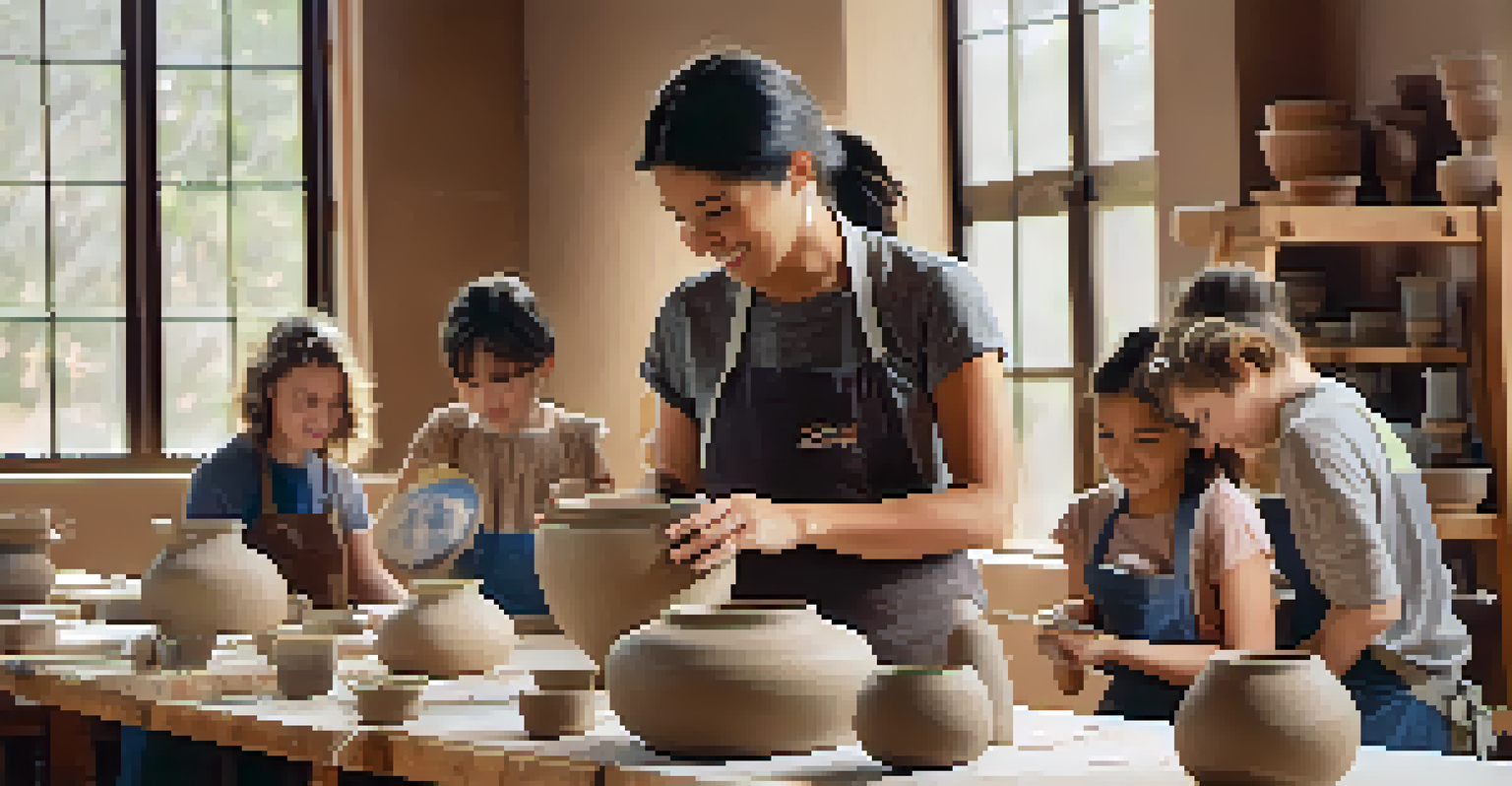 A pottery workshop in Scottsdale with an instructor demonstrating techniques to students in a well-lit studio filled with clay.