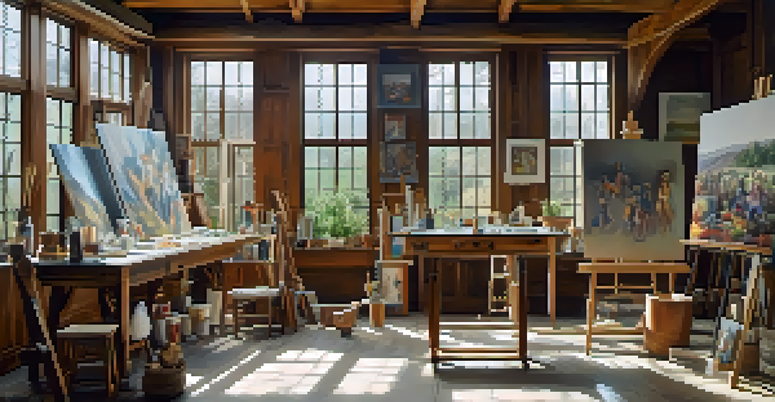 An artist's studio filled with artworks and natural light, featuring a wooden easel with a partially completed painting and scattered art supplies.