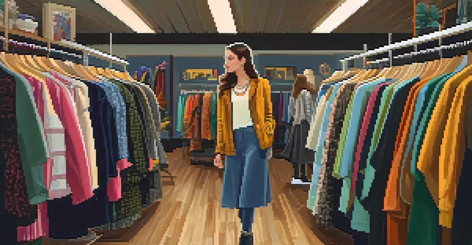 A young woman browsing vintage clothing in a trendy shop, surrounded by colorful dresses and jackets.