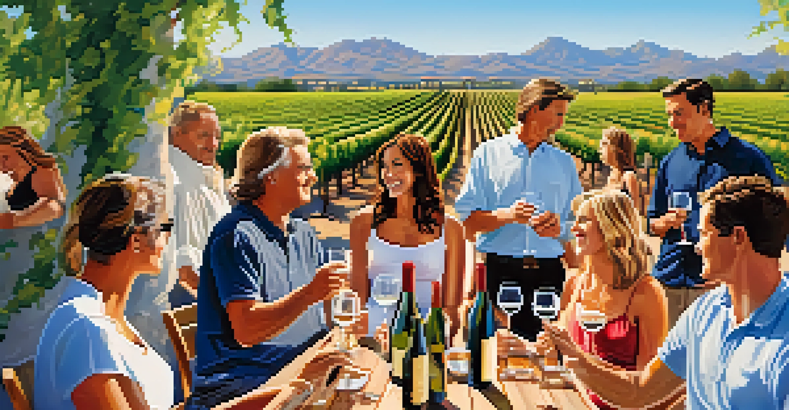 A group of friends enjoying an outdoor wine tasting event in Scottsdale, with tasting tables and glasses of wine against a vineyard backdrop.