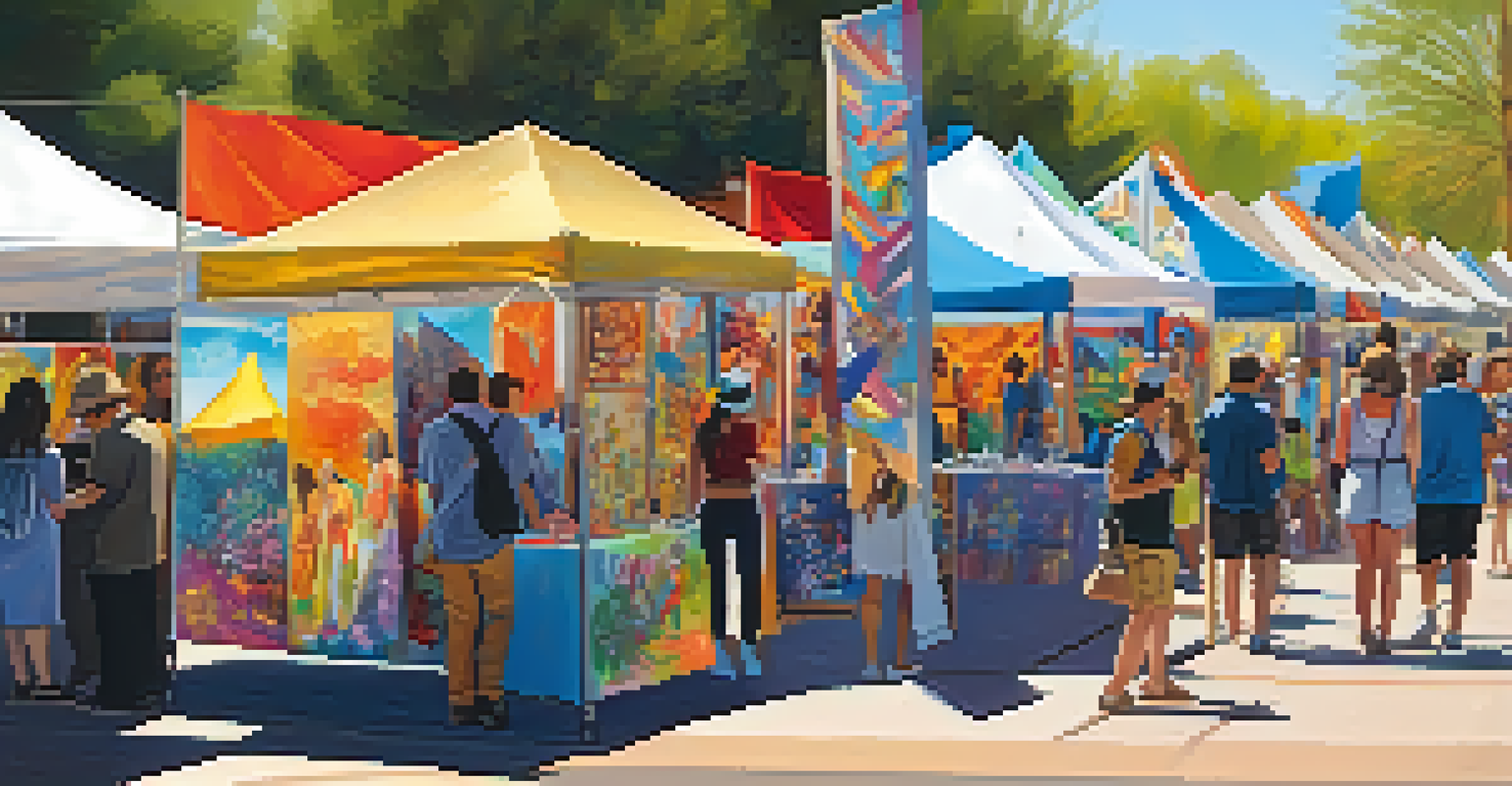 Outdoor art event in Scottsdale with local artists' booths, colorful banners, and visitors browsing artworks under bright sunlight.