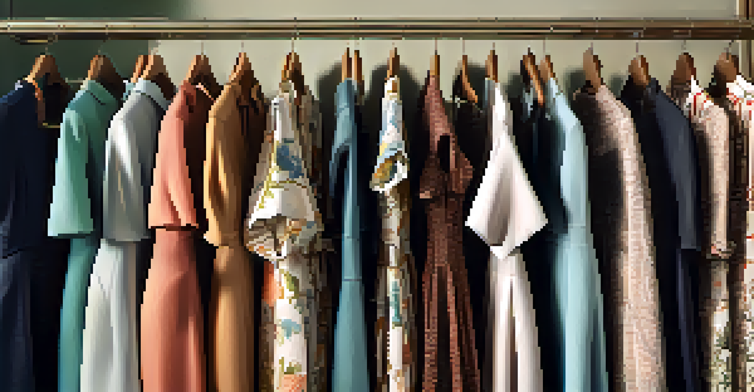 A close-up of a vintage clothing rack with retro dresses and accessories, illuminated by soft natural light.