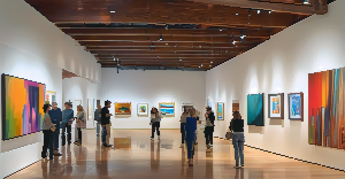 Interior of a Scottsdale art gallery with colorful artworks, visitors engaged in conversation, warm lighting, and plants near windows.