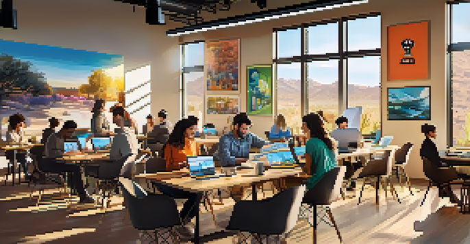 A group of diverse entrepreneurs working together at a table in a bright and inspiring office space, with laptops and creative materials around them.