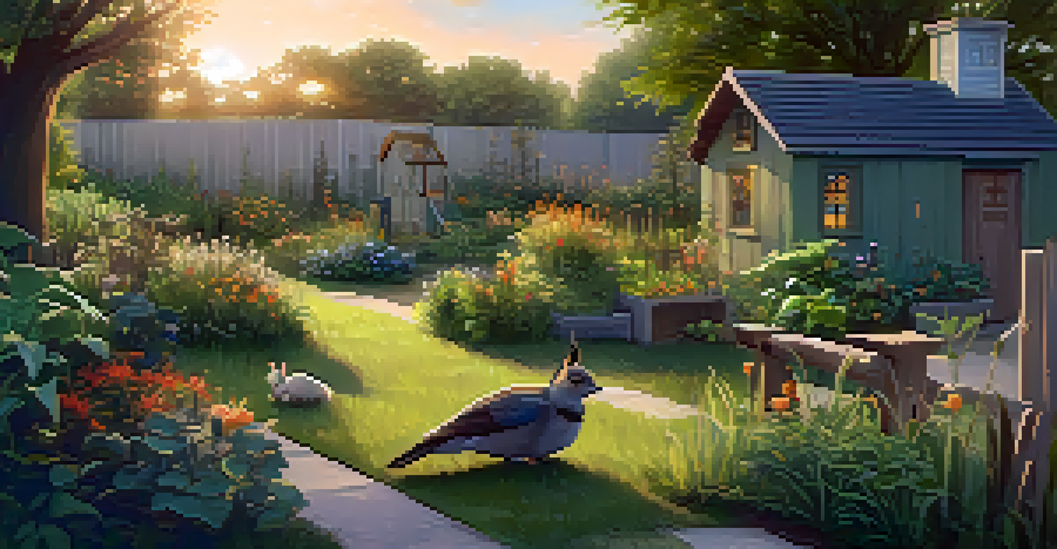 A tranquil community garden at sunset, featuring habitats for wildlife like birdhouses and insect hotels, with gardeners enjoying the serene environment.