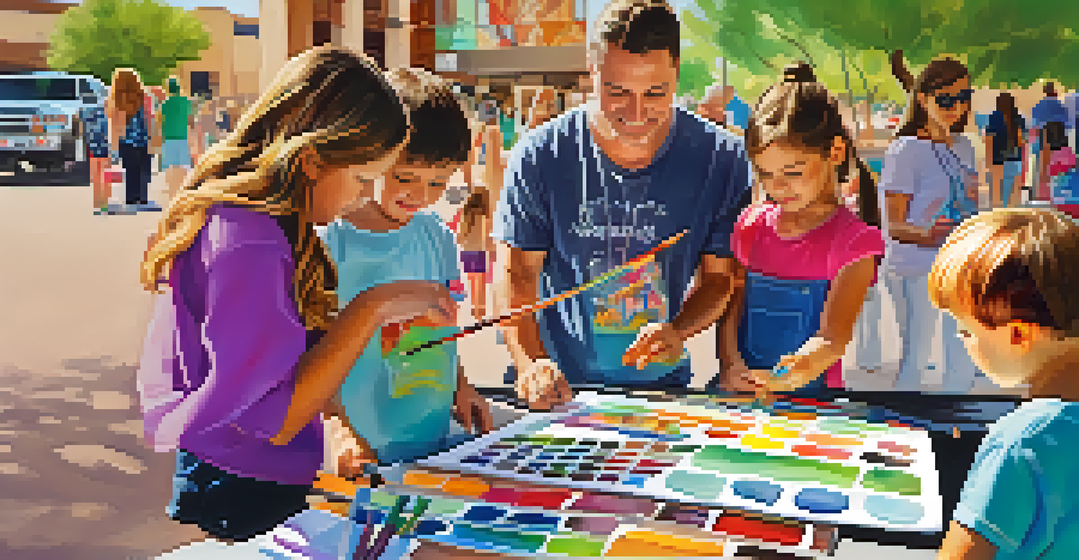 Children engaging in hands-on art activities at a family-friendly station during the Scottsdale Art Walk, with art supplies and local artworks around them.