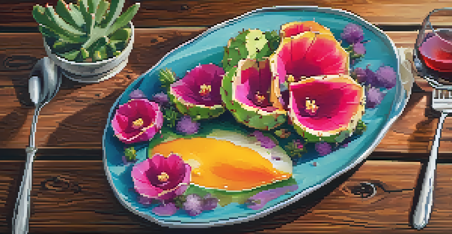 A gourmet dish featuring prickly pear, artistically plated with vibrant colors and garnished with edible flowers.