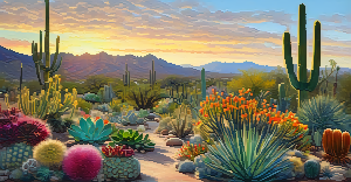 A sunset view of the Desert Botanical Garden filled with colorful wildflowers, cacti, and Chihuly glass sculptures.