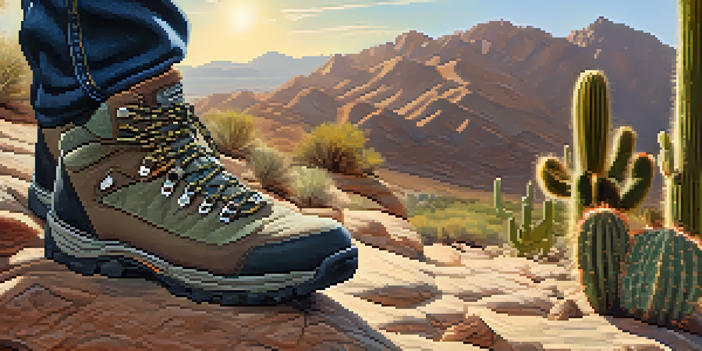 A close-up of hiking boots on a rocky trail with a desert landscape in the background.