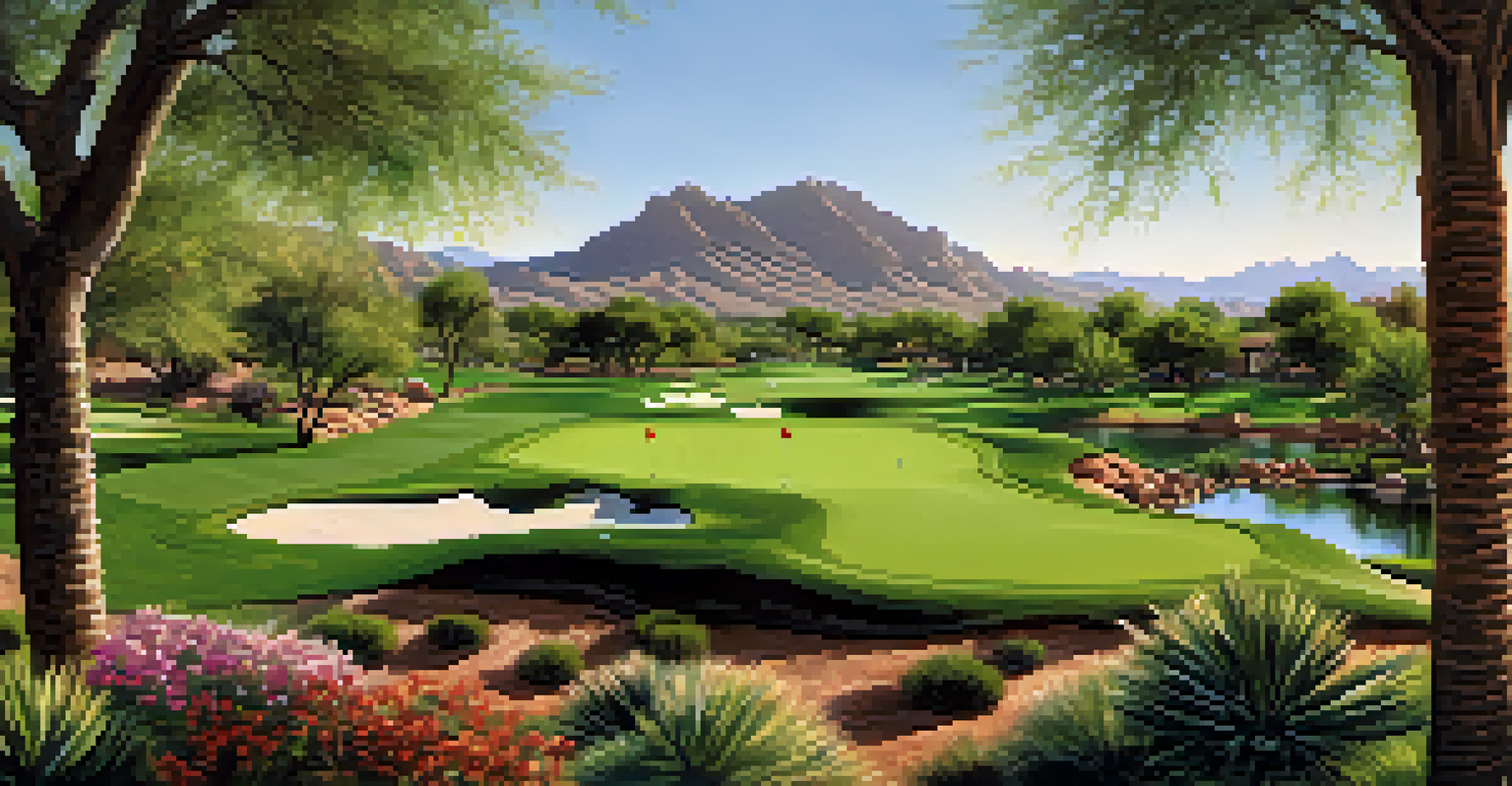 A sunny day at Camelback Golf Club with golfers on the Padre course and the clubhouse in the background.