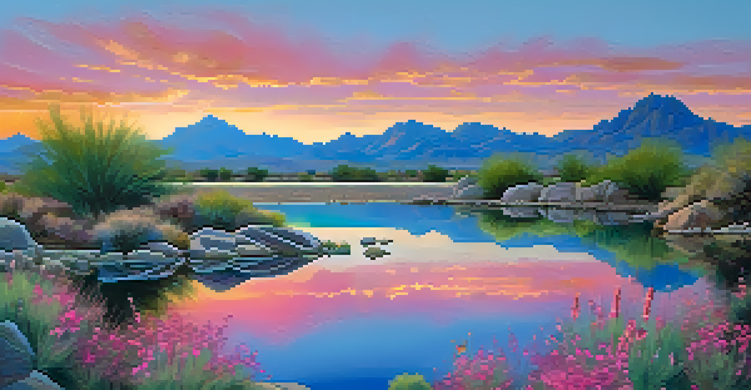 A peaceful lakeside view in Scottsdale showing reflections of mountains and a colorful sunset sky.