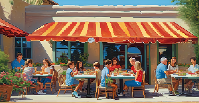 A family dining outdoors at a Scottsdale restaurant, enjoying a variety of colorful dishes and pizza toppings, with children laughing under a sunny sky.