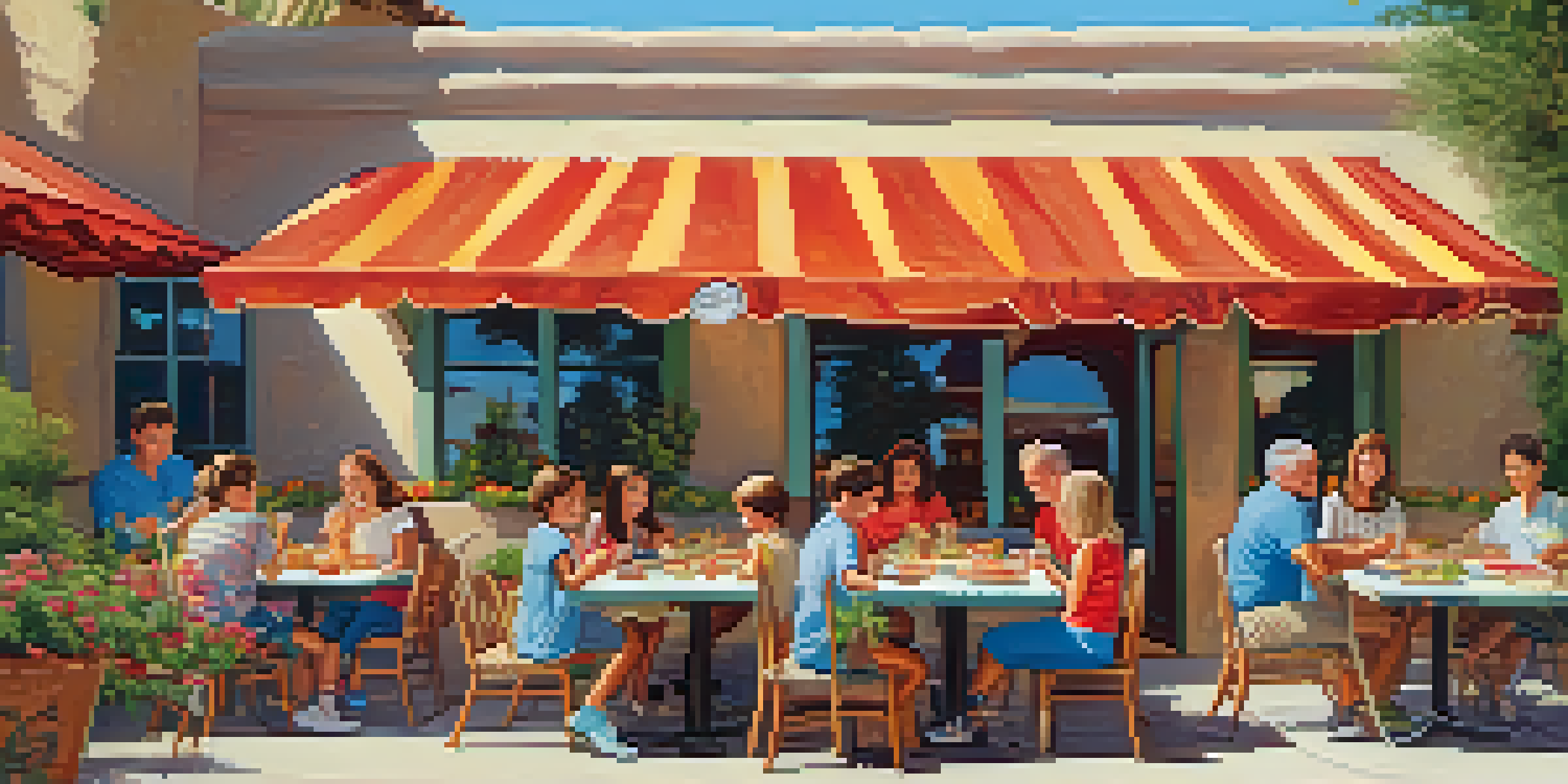 A family dining outdoors at a Scottsdale restaurant, enjoying a variety of colorful dishes and pizza toppings, with children laughing under a sunny sky.