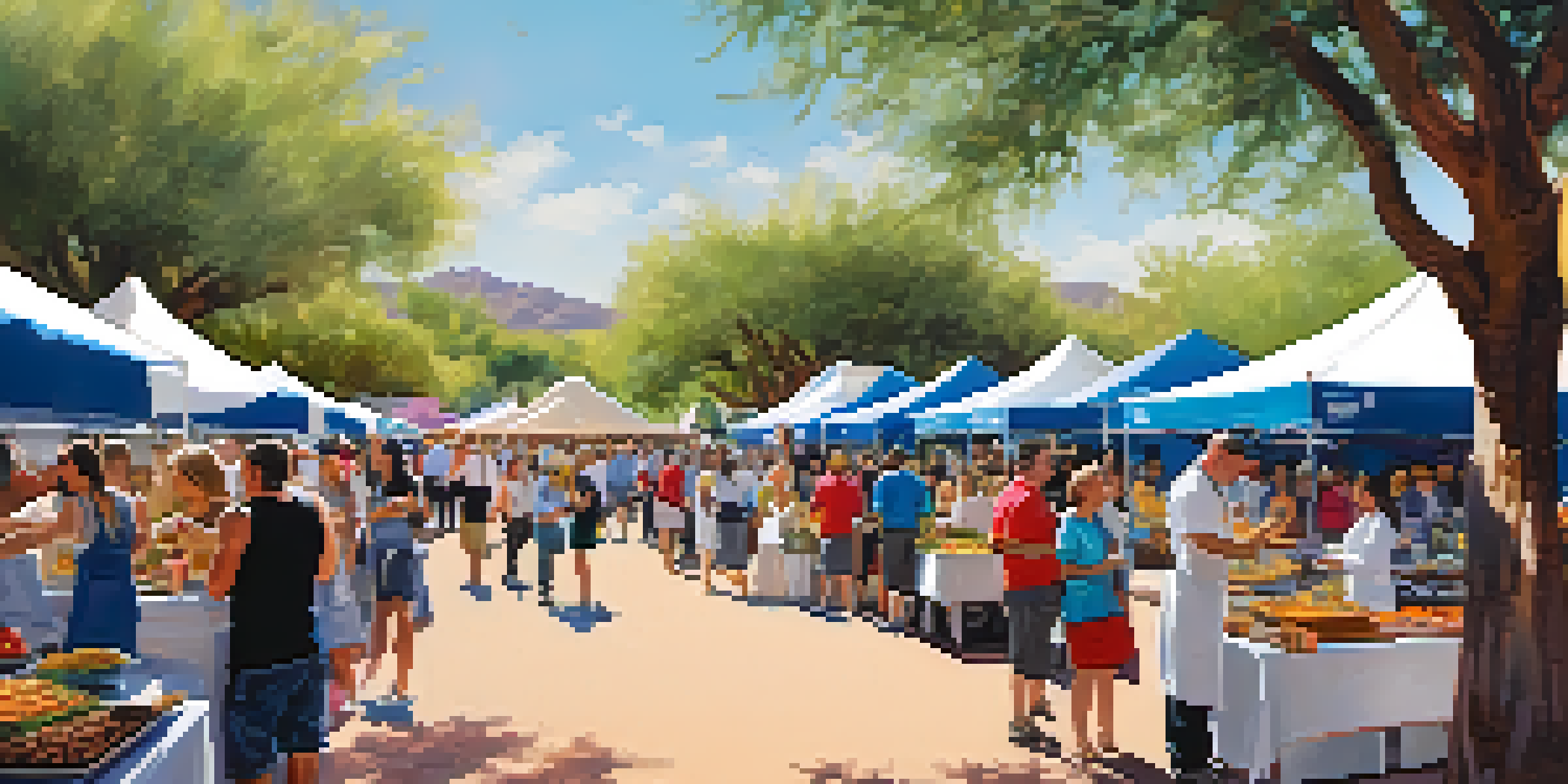 An outdoor food festival scene with colorful food stalls, chefs interacting with guests, and a desert landscape in the background.