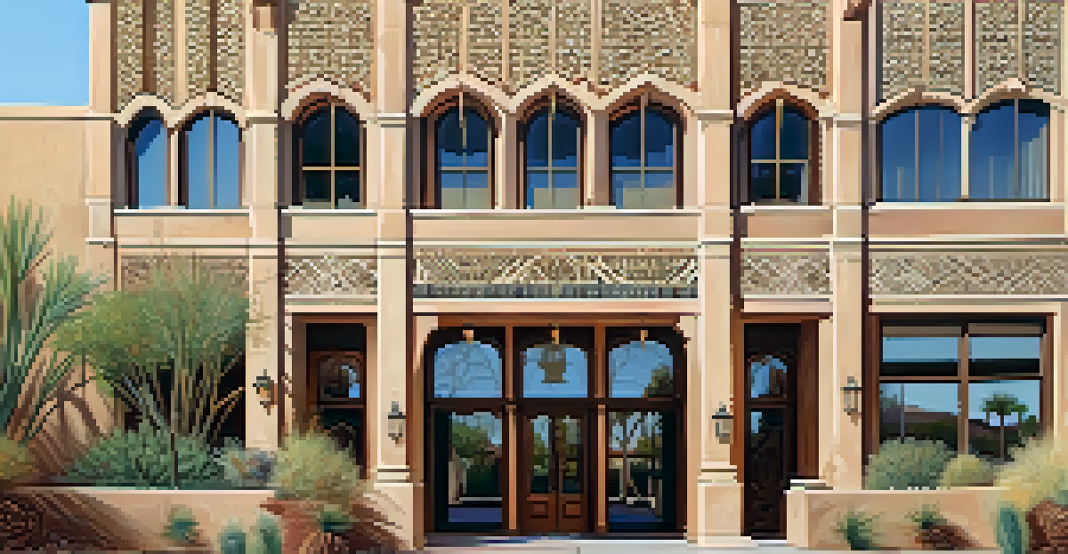 A historical building in Scottsdale with detailed architecture and surrounding desert flora.