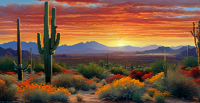 A stunning desert landscape in Scottsdale at sunset, with a silhouetted saguaro cactus and colorful sky.
