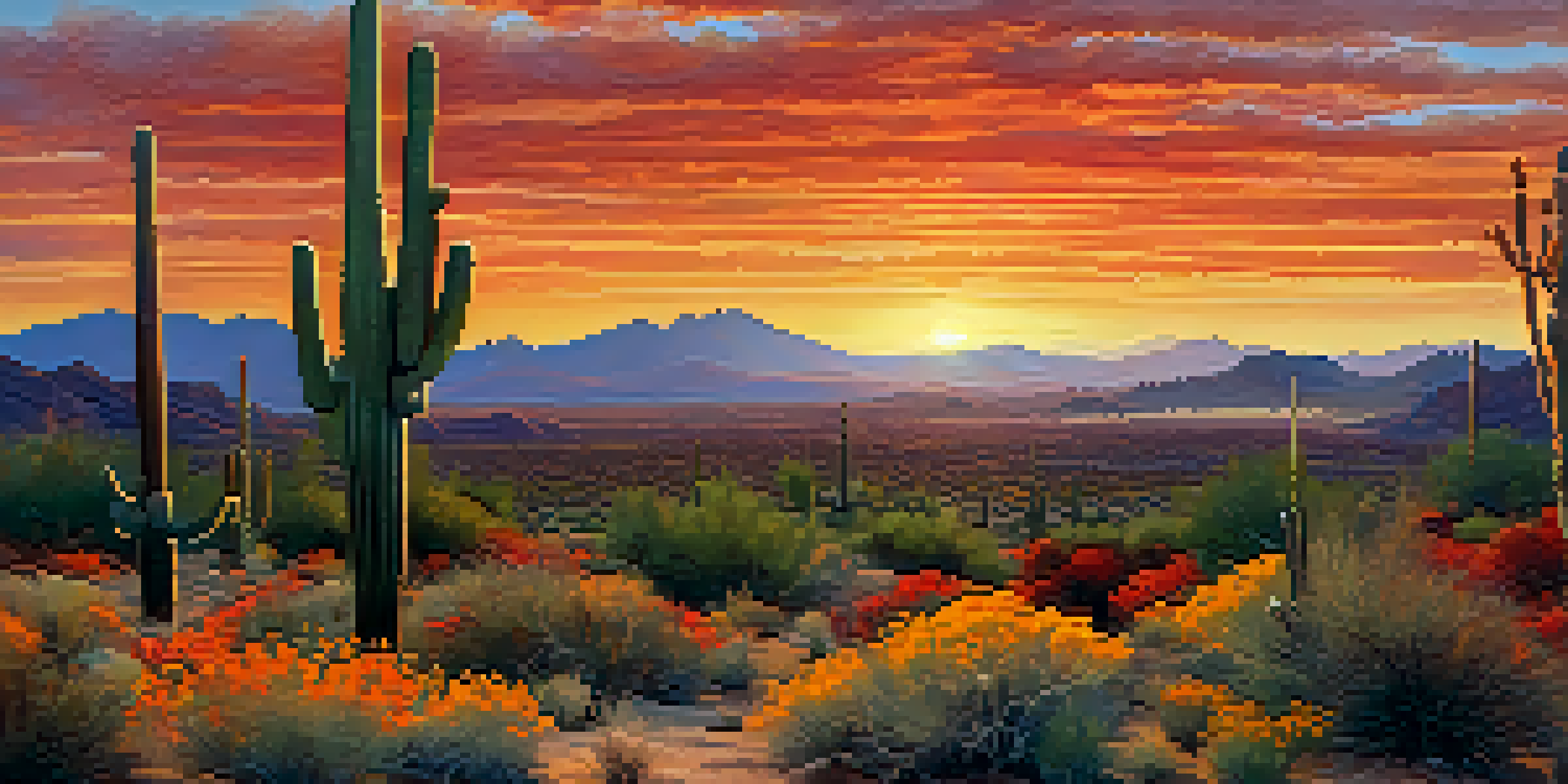 A stunning desert landscape in Scottsdale at sunset, with a silhouetted saguaro cactus and colorful sky.