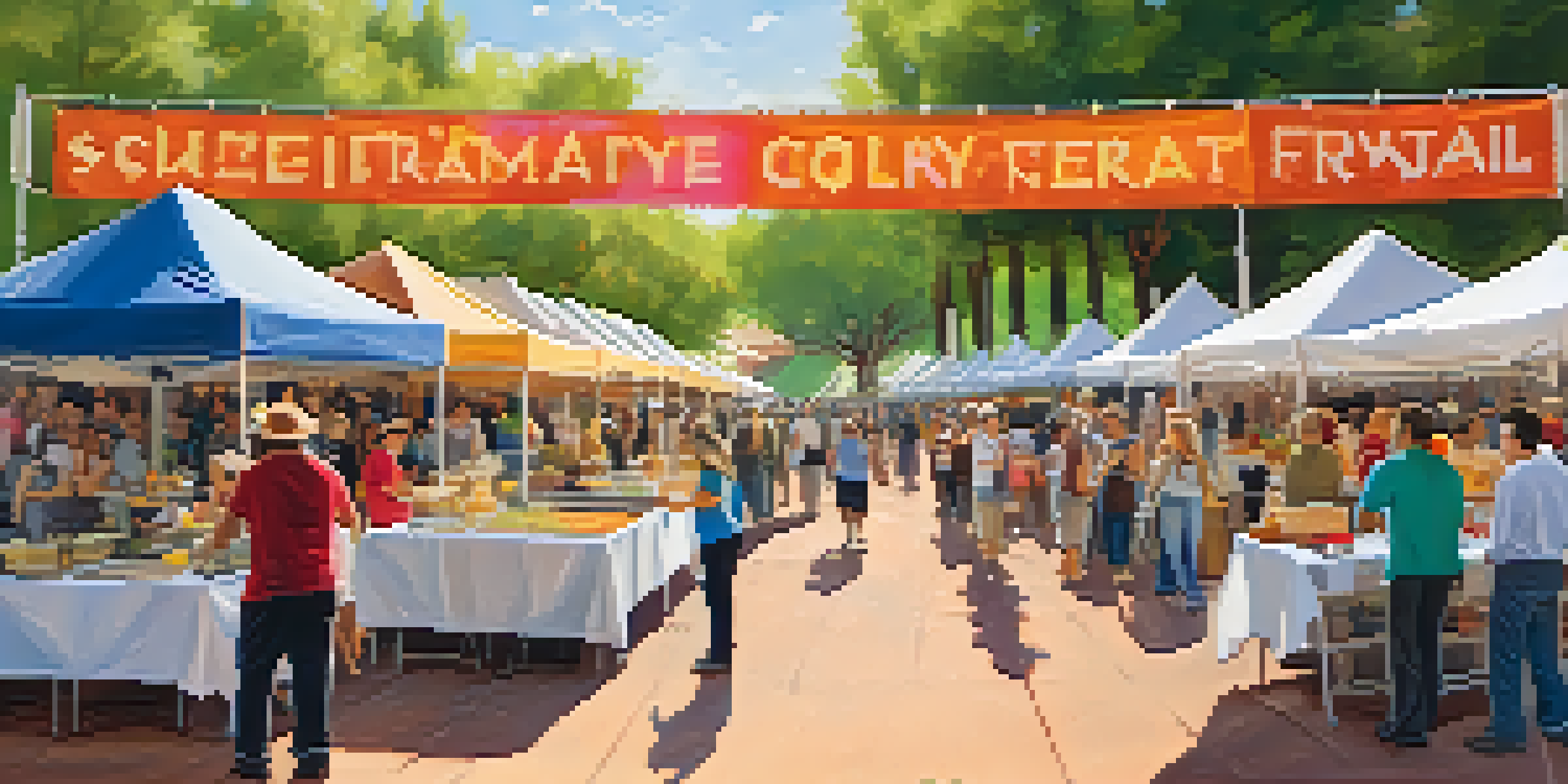 A lively outdoor food festival with various food stalls, chefs cooking, and attendees enjoying dishes under sunny skies.