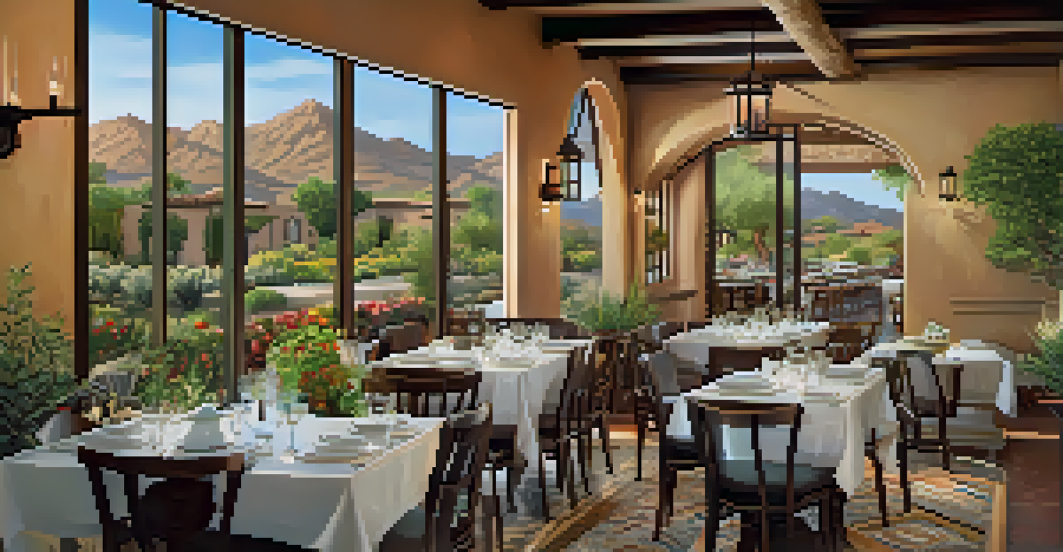 A dining area at a cafe in Scottsdale featuring Mediterranean-inspired dishes and stylish table settings with greenery in the background.