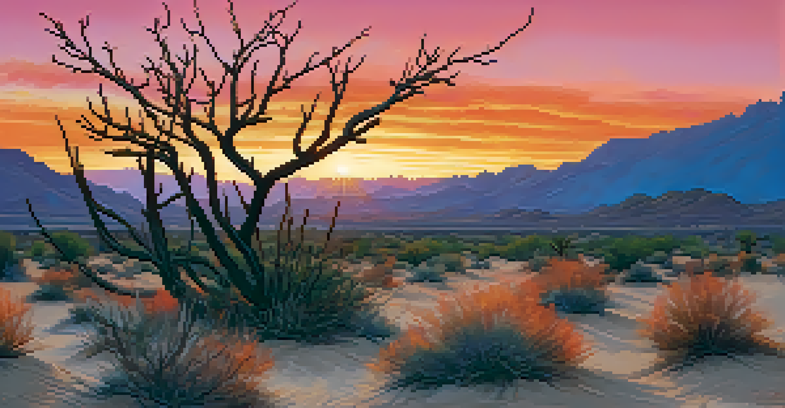 An Ocotillo plant silhouetted by a colorful sunset with orange and pink skies.