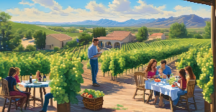 A family enjoying a picnic at a winery, with children painting and a vineyard in the background.