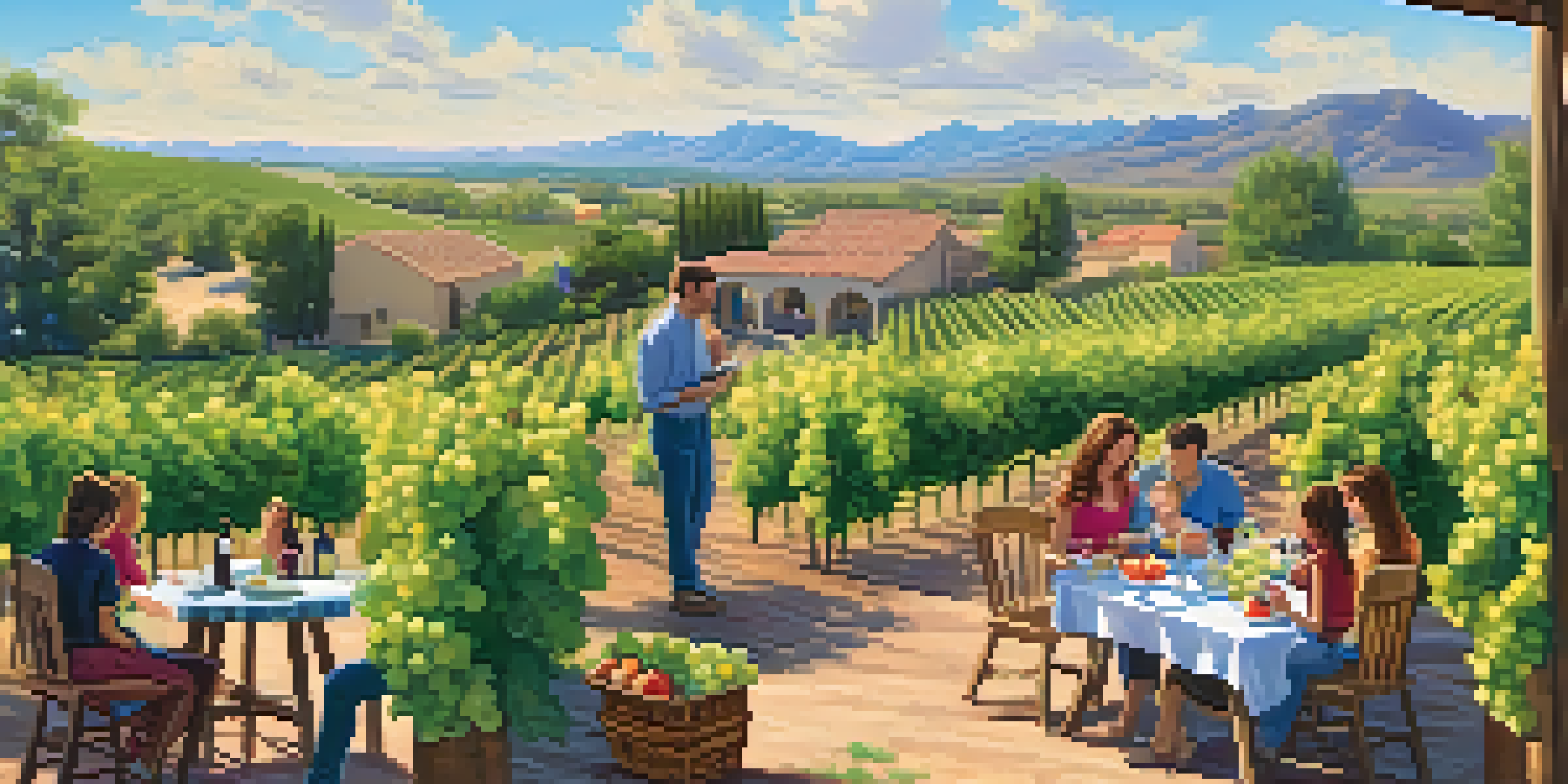 A family enjoying a picnic at a winery, with children painting and a vineyard in the background.