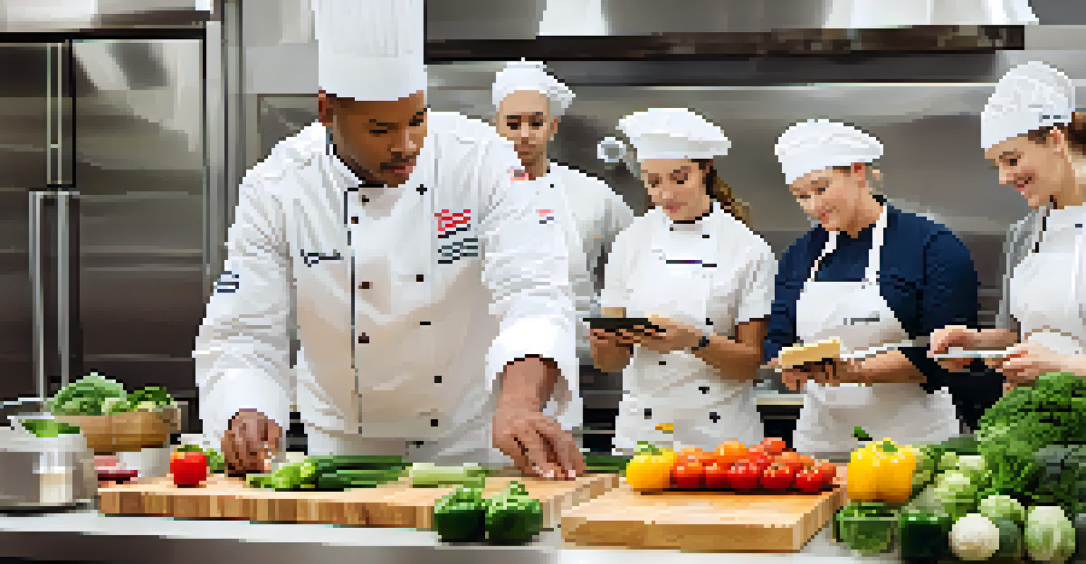 A culinary instructor teaching knife skills to a group of students in a modern kitchen, surrounded by fresh ingredients and culinary tools.