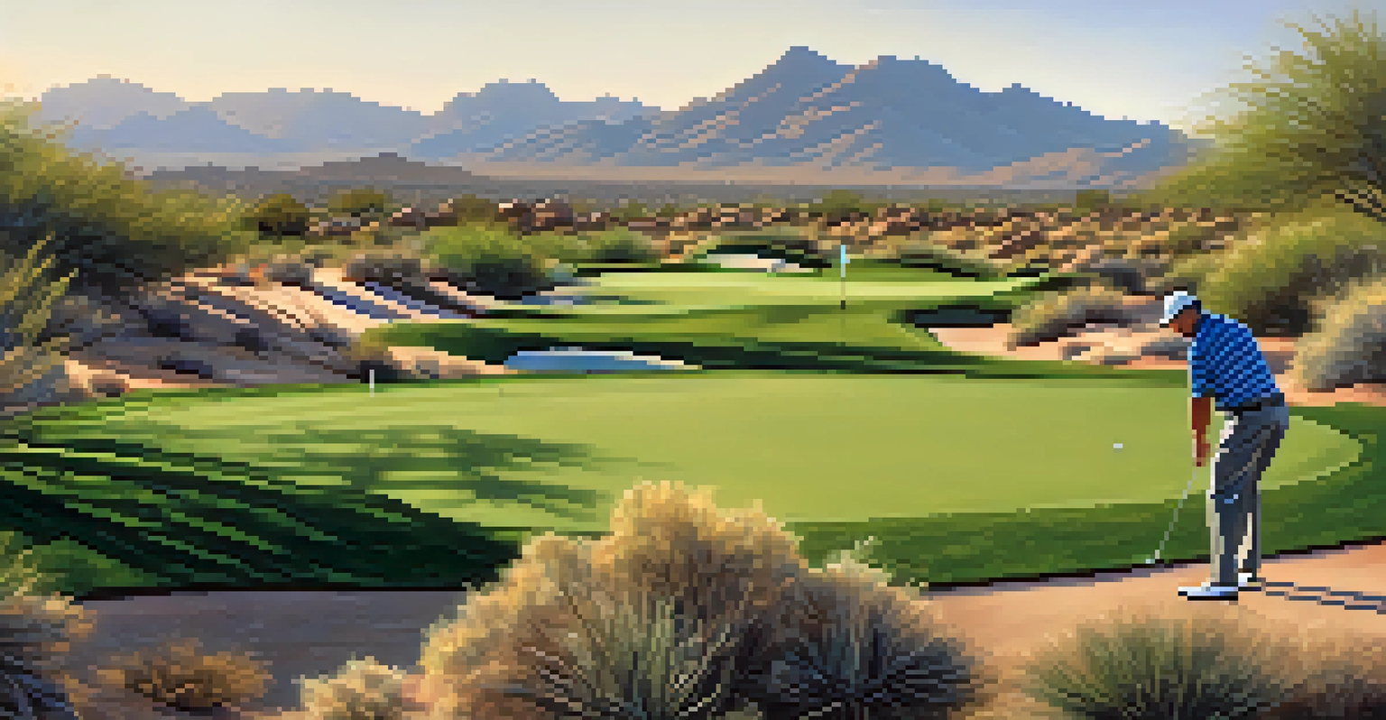 A golfer swinging on the fairway at Troon North Golf Club with desert scenery in the background.