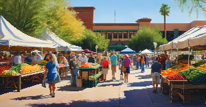 A bustling farmers market with colorful produce and vendors engaging with customers, set along a canal under a warm sun.