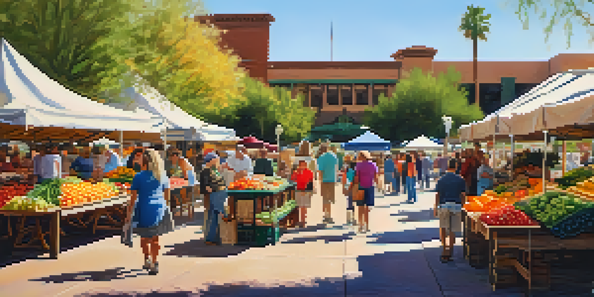 A bustling farmers market with colorful produce and vendors engaging with customers, set along a canal under a warm sun.