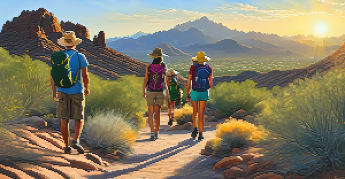A family hiking on Gateway Loop trail in Scottsdale, surrounded by desert plants and mountains with warm sunlight.