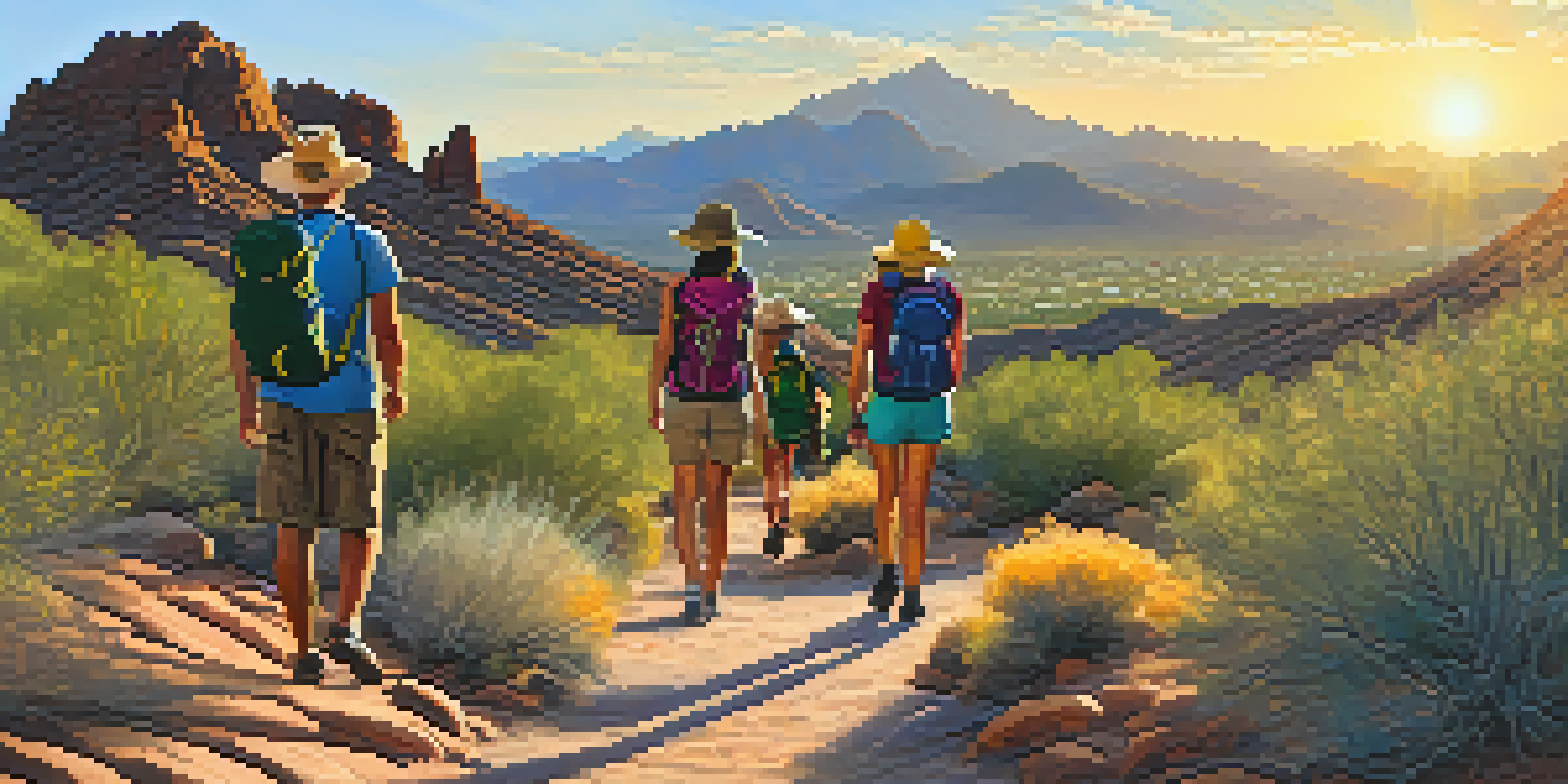 A family hiking on Gateway Loop trail in Scottsdale, surrounded by desert plants and mountains with warm sunlight.