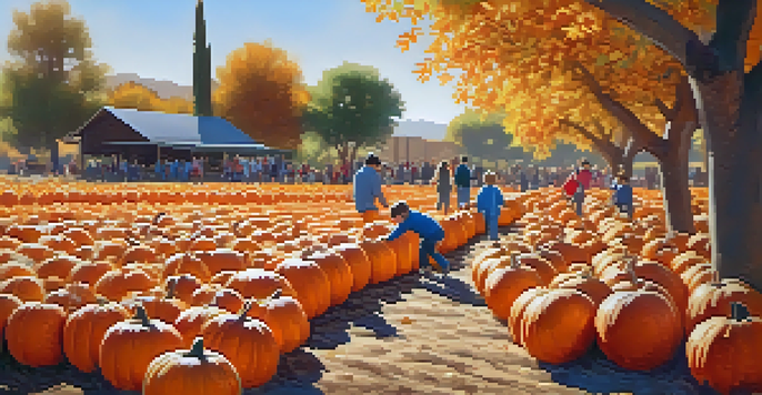 A lively pumpkin patch filled with families picking pumpkins under warm autumn light, with colorful leaves and hay bales.