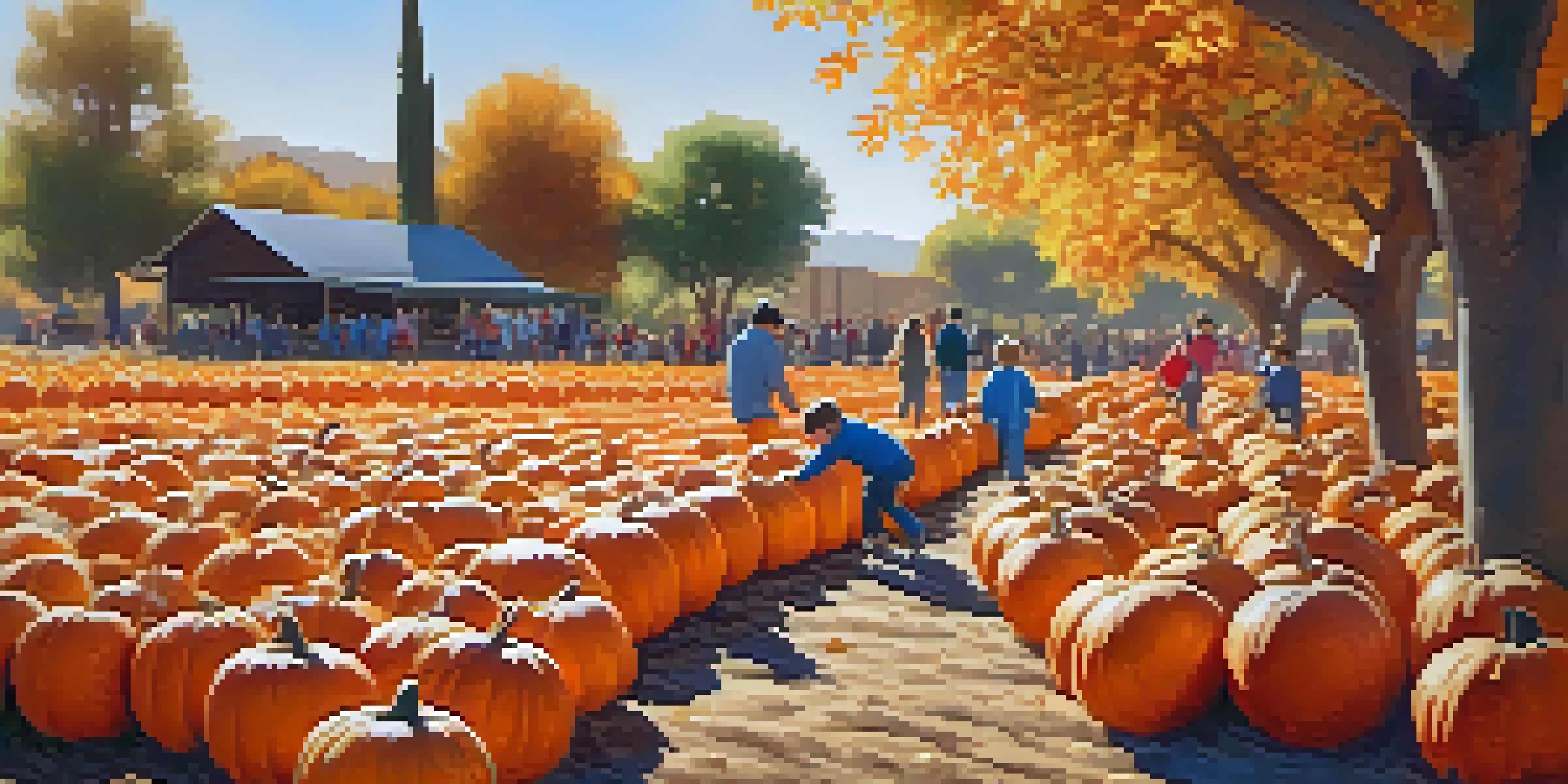 A lively pumpkin patch filled with families picking pumpkins under warm autumn light, with colorful leaves and hay bales.
