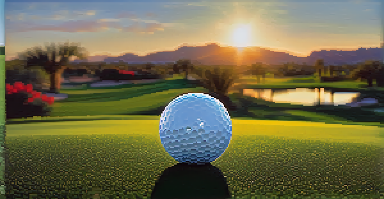 A close-up of a golf ball on a tee, with green grass and desert plants softly blurred in the background, illuminated by sunlight.